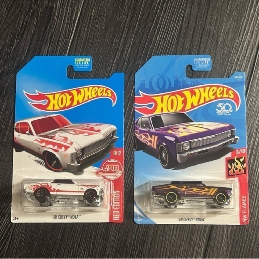 Hot Wheels 68 Chevy Nova Set of 2, Flames, Red Edition Card Wear